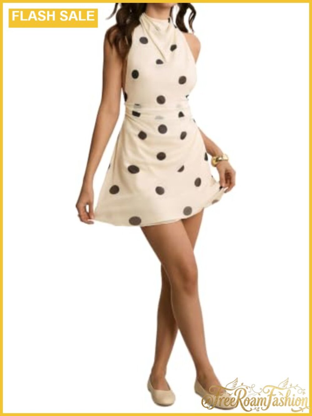 Polka Dot Halter Mini Dress Ruched Tie Open Back Sleeveless Party